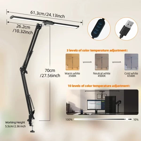 Folding Double Head Led Desk Lamps Stepless Dimmable Eye-Caring 24W Table Lamp  Monitor Light for office Study Reading Lighting